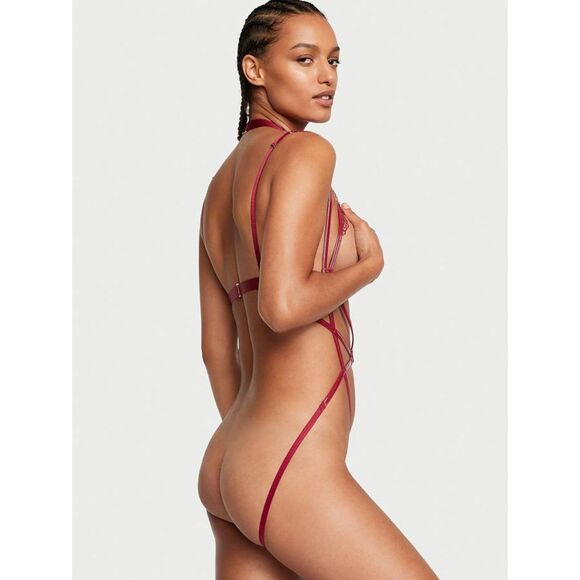 💗👙Victoria's Secret Faux Patent Leather High-Neck Strappy Open Back Teddy👙💗 - Picture 2 of 7